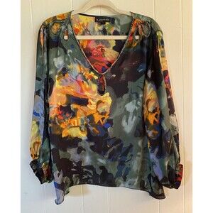 Rampage Blouse Women’s Large Multicolored Keyhole Front Silky Abstract Boho